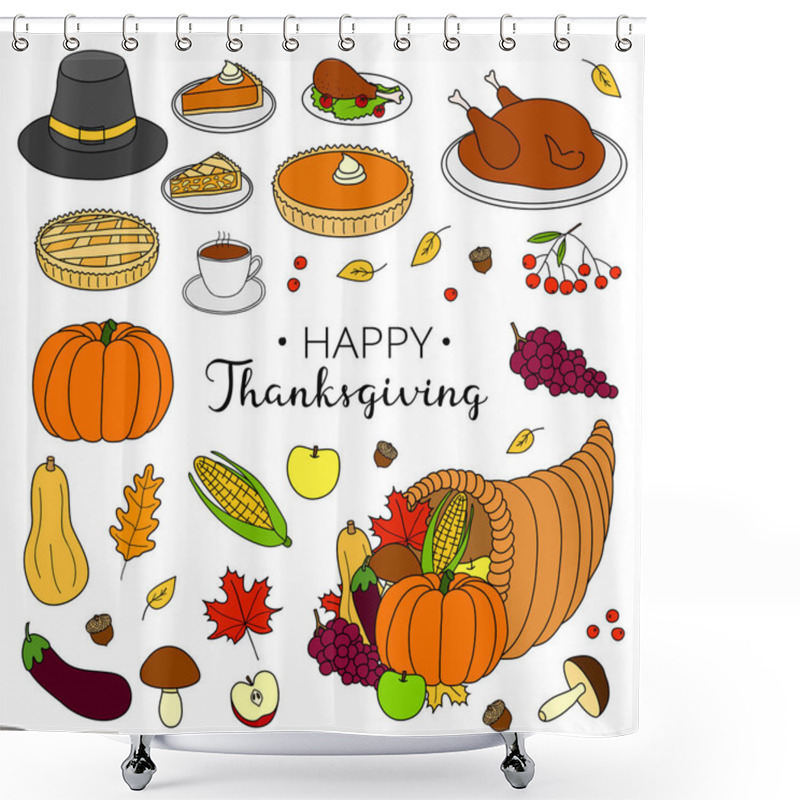 Personality  Hand Drawn Items For Thanksgiving Day Celebration Isolated On White Background. Shower Curtains