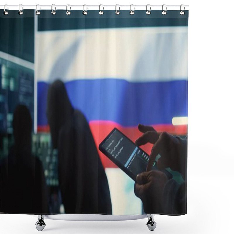 Personality  Person Uses Tablet In Governmental Cyber Security Room Working Under The Russian Flag. Making Cyber Threats, Hacking Systems To Gain Unauthorized Access, And Spreading Fake News. Close Up. Camera B. Shower Curtains