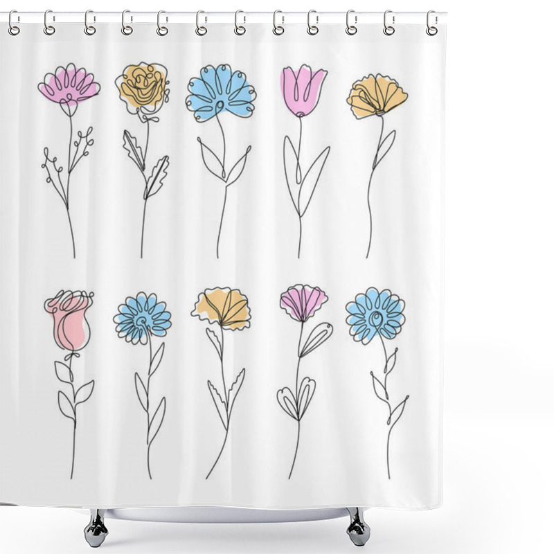 Personality  Beautiful Collection Of Field And Garden Flowers, Including Daisies, Roses, Cornflowers, And Asters, All Rendered In A Continuous Line Style. The Minimalistic Design Captures The Elegance And Beauty Shower Curtains