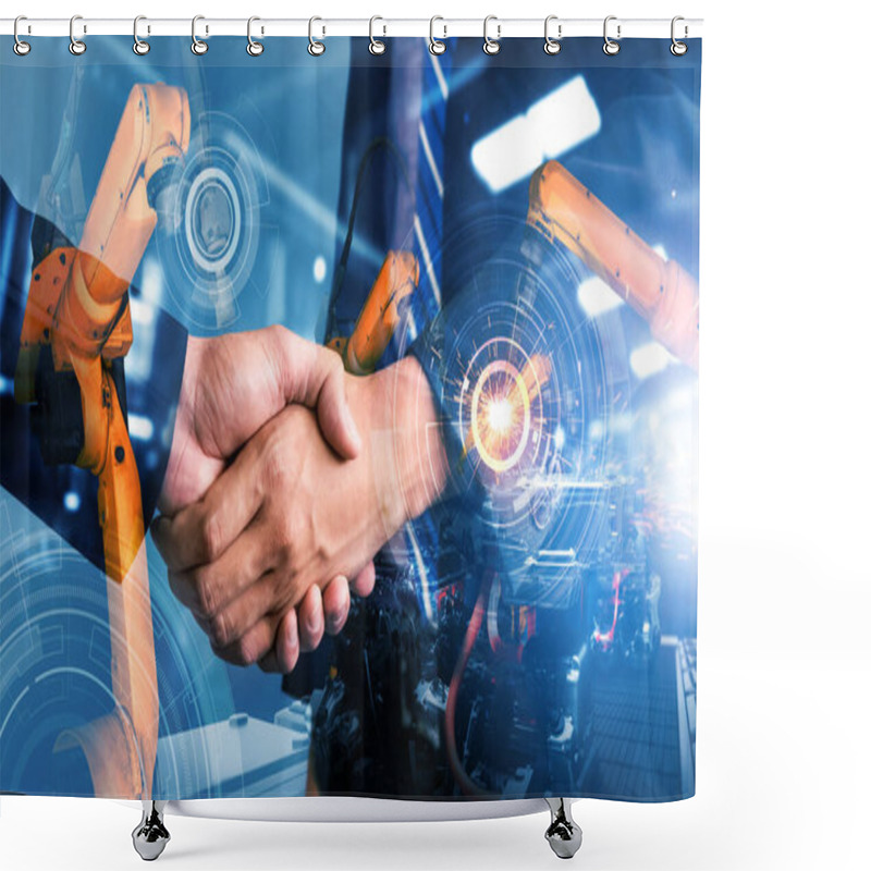 Personality  Mechanized Industry Robot Arm And Business Handshake Double Exposure Shower Curtains