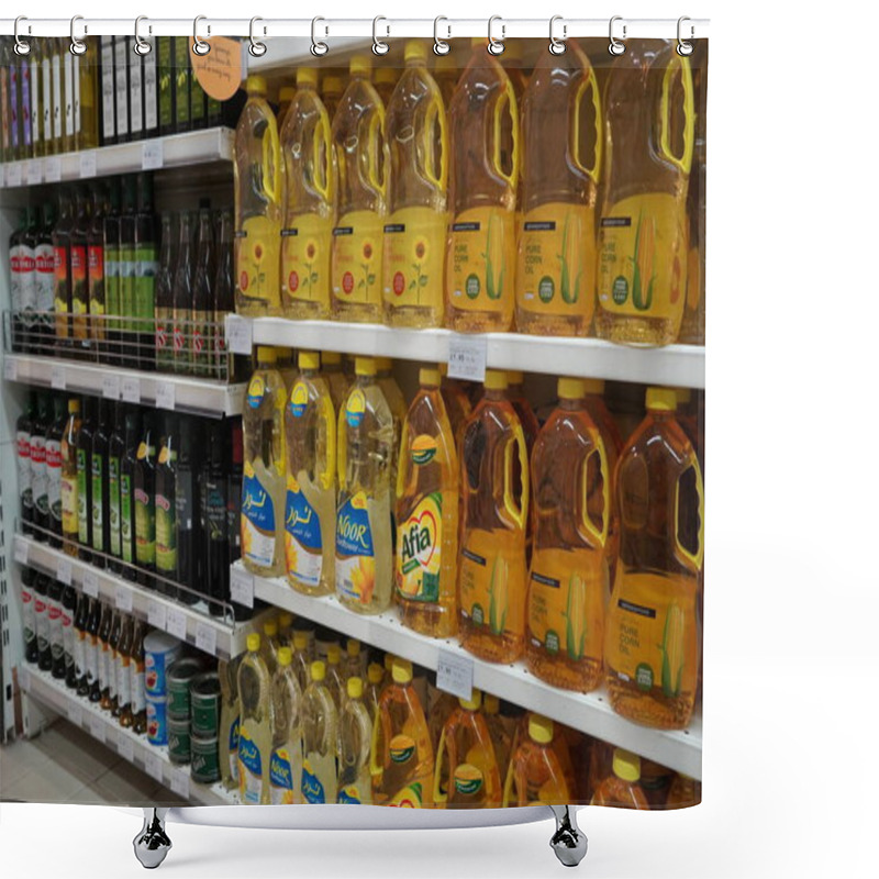 Personality  Bottles Of Cooking Oils For Sale. Corn, Sunflower, Extra Virgin Olive Oils. Rows Of High Quality Healthy Cooking Oil. Variety Brand Of Cooking Oil On Display Rack, Shelf - Dubai UAE December 2019 Shower Curtains