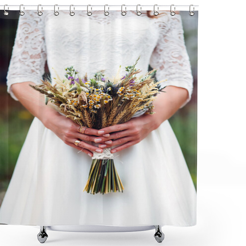 Personality  Bouquet Dried Flowers In Hands Of Bride Shower Curtains