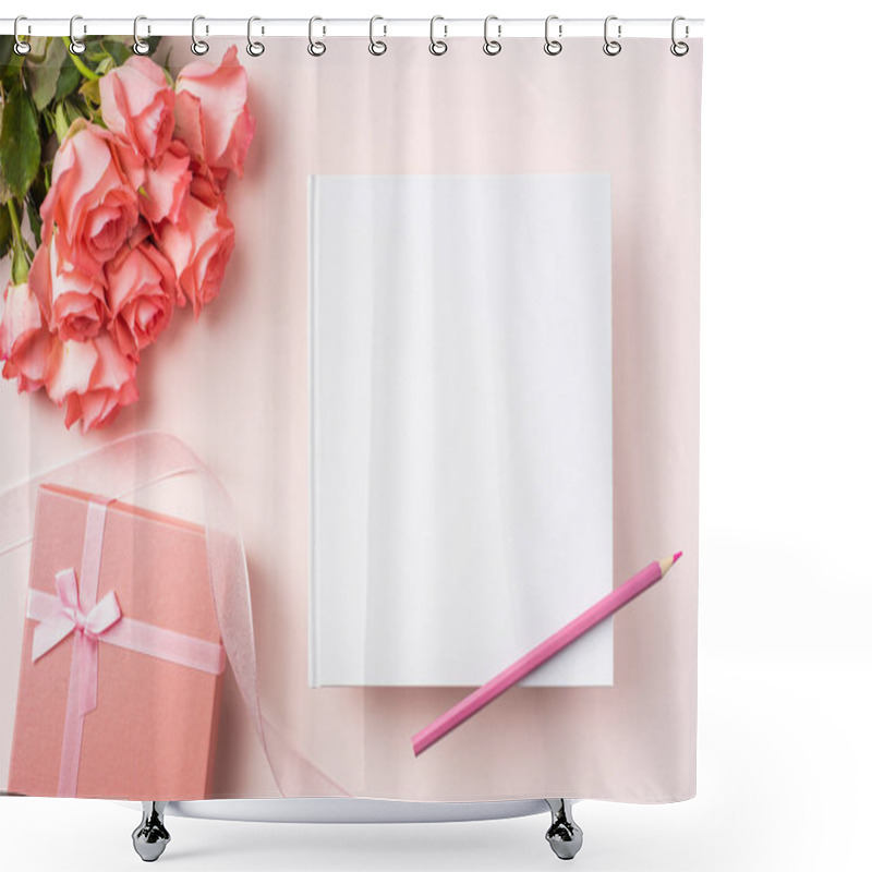 Personality  Bouquet Of Pink Roses, Gift Box, White Notebook, Pencil On Pink Background Shower Curtains