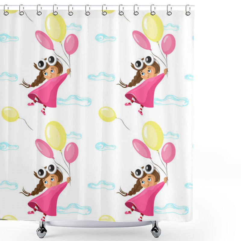 Personality  Vector Seamless Pattern With Funny Little Girl Flying With A Kite, In Cartoon. Ideal For Cards, Invitations, Party, Banners, Kindergarten, Baby Shower, Preschool And Children Room Decoration Shower Curtains