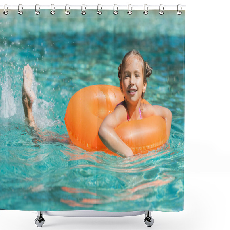 Personality  Girl Floating In Swimming Pool On Inflatable Ring And Looking At Camera Shower Curtains