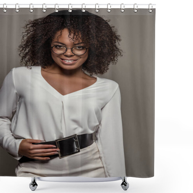 Personality  Young Smiling African American Woman In White Shirt Wearing Glasses And Hat Isolated On Grey Background Shower Curtains