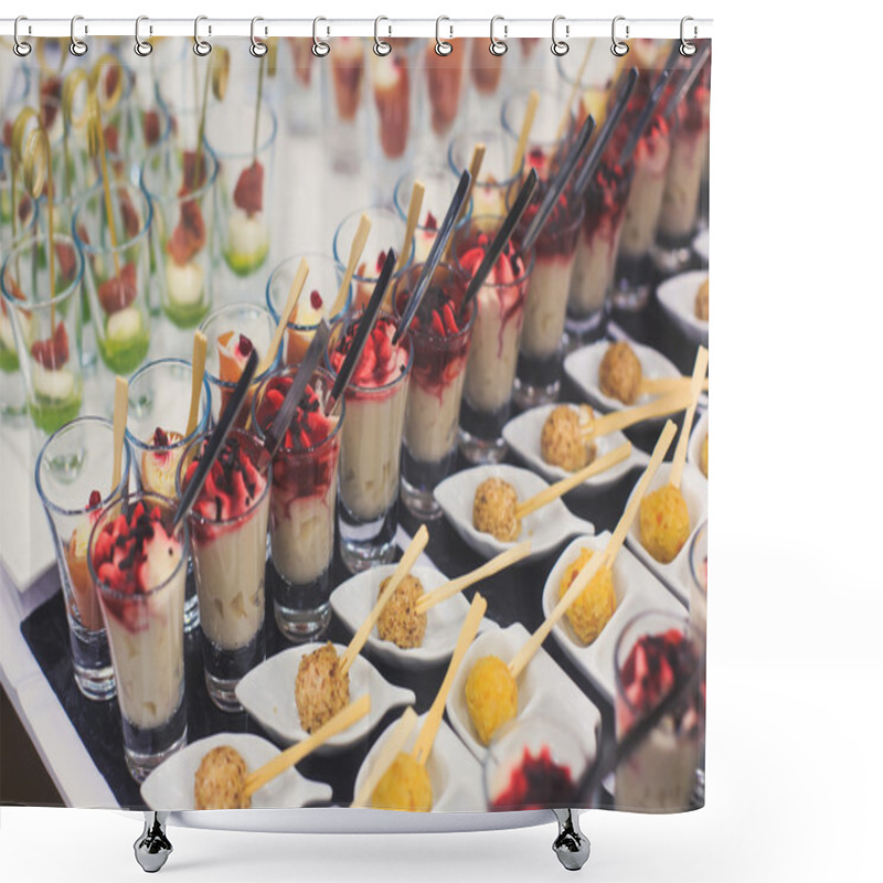 Personality  Beautifully Decorated Catering Banquet Table With Different Food Snacks And Appetizers With Sandwich, Caviar, Fresh Fruits On Corporate Christmas Birthday Party  Shower Curtains