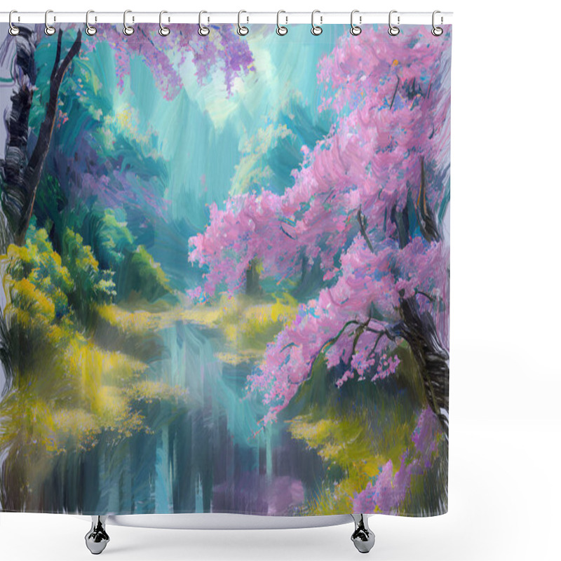 Personality  Tranquil Picturesque Scenery With Japanese Pink Sakura Cherry Trees In Full Blossom Over Calm Lake Water In Spring Garden. My Own Digital Art Painting Illustration. Shower Curtains