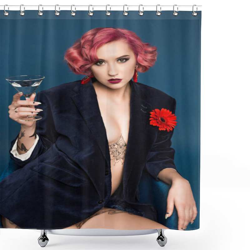 Personality  Beautiful Tattoed Pin Up Girl In Jacket With Boutonniere And Wineglass Infront Of Blue Background Shower Curtains