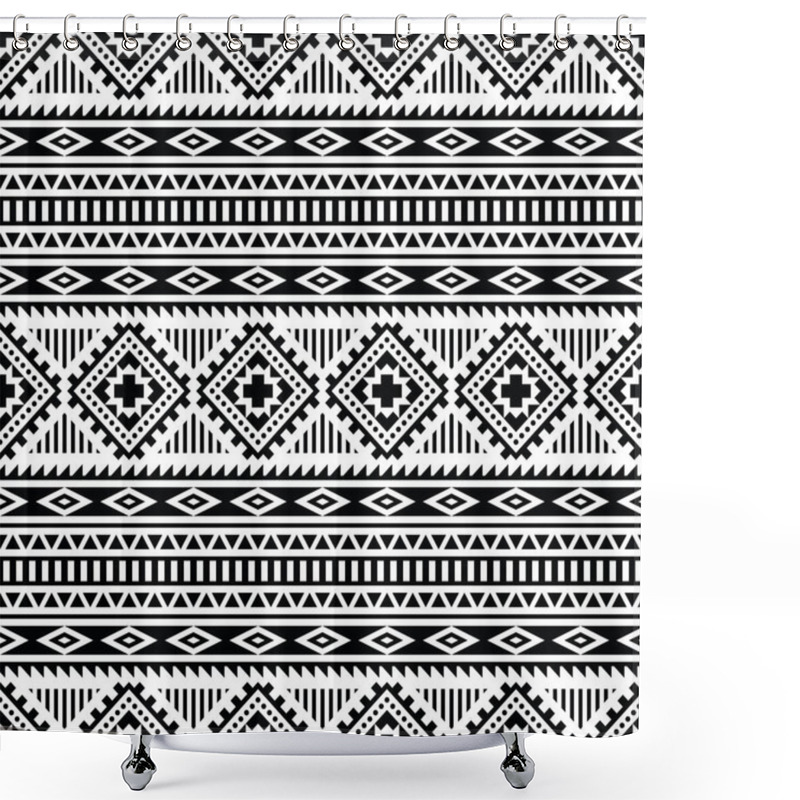 Personality  Geometric Abstract Shapes With Ethnic Style. Seamless Tribal Pattern. Textile Print Traditional Design In Native American Style. Black And White Colors. Shower Curtains