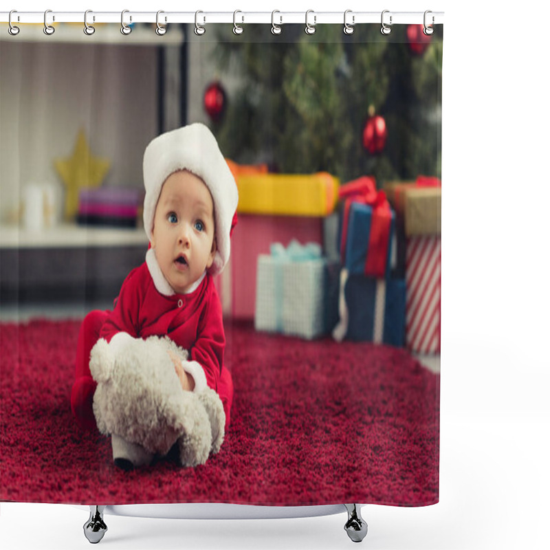 Personality  Close-up Portrait Of Adorable Little Baby In Santa Suit Lying On Red Carpet With Teddy Bear In Front Of Christmas Tree And Gifts Shower Curtains