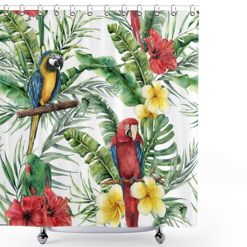 Personality  Watercolor Tropical Seamless Pattern With Tropical Leaves And Parrot. Hand Painted Flowers And Palm Branch On White Background. Botanical Illustration For Design, Print, Fabric Or Background. Shower Curtains