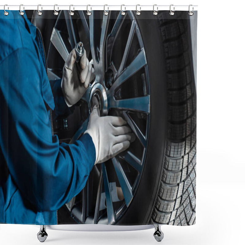 Personality  Cropped View Of Mechanic Fixing Wheel On Car In Workshop Shower Curtains