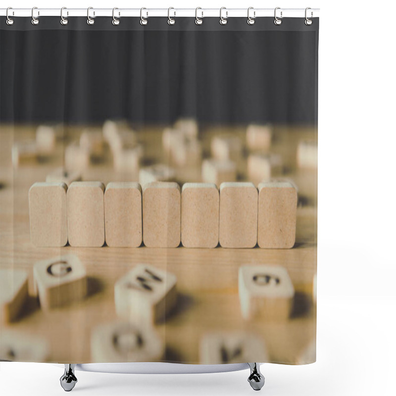 Personality  Selective Focus Of Seven Blank Cubes Surrounded By Blocks With Letters Isolated On Black Shower Curtains