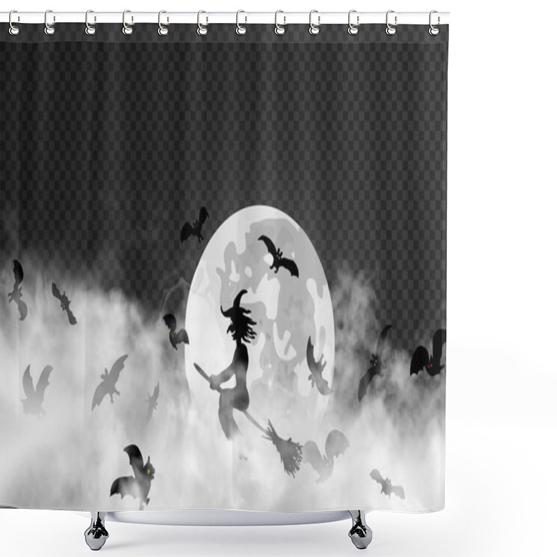 Personality  The Witch Surrounded By Bats Flyes Through Thick Smoke Clouds Against The Moon On The Dark Transparent Background. Halloween Vector Illustration. May Be Placed In Front Of Any Other Dark Backdrop Shower Curtains