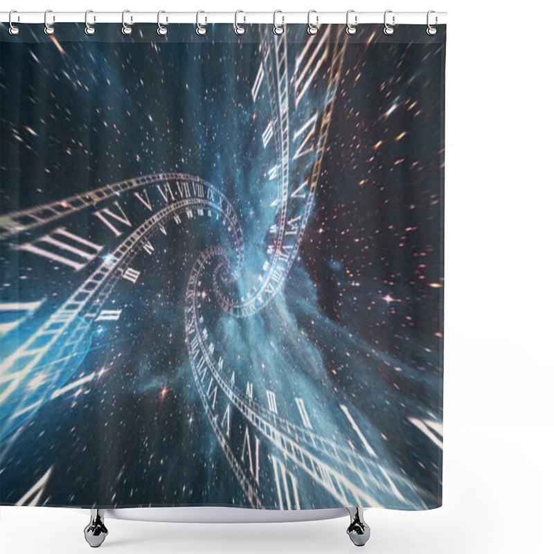 Personality  The Composition Of The Space Of Time, The Flight In Space In A Spiral Of Roman Clocks 3d Illustration Shower Curtains