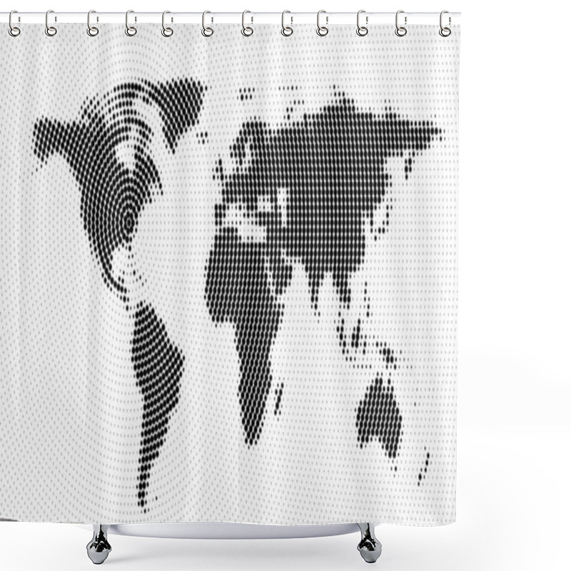 Personality  World Map Blurred Rotation Halftone. Made For World News And Articles. Black Circles On White Background. Vector Illustration. Shower Curtains