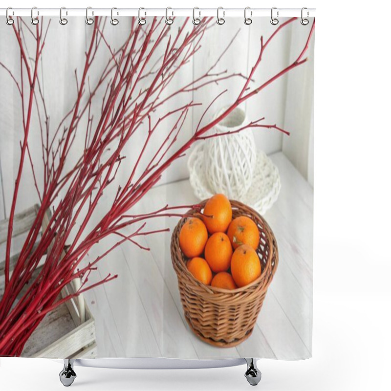 Personality  A Photo Featuring A Still Life Composition With A Focus On A Brown Woven Basket Filled With Small, Round, Vibrant Orange-colored Oranges And A Branch Of Long, Thin, Reddish-brown Twigs. The Setting Is A Room With A White Wooden Wall In The Background Shower Curtains