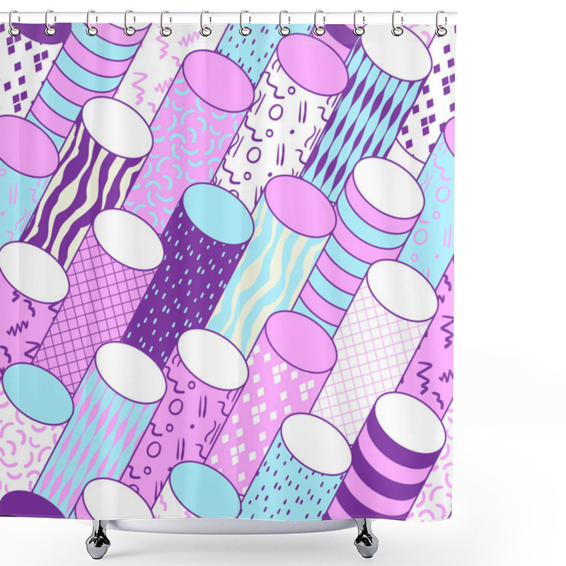 Personality  Vintage Memphis Geometric Seamless Pattern With Cylinders. Abstract Shapes Background. 80s 90s Style Composition For Textile, Fabric, Fashion Cover Design. Vector Illustration Shower Curtains