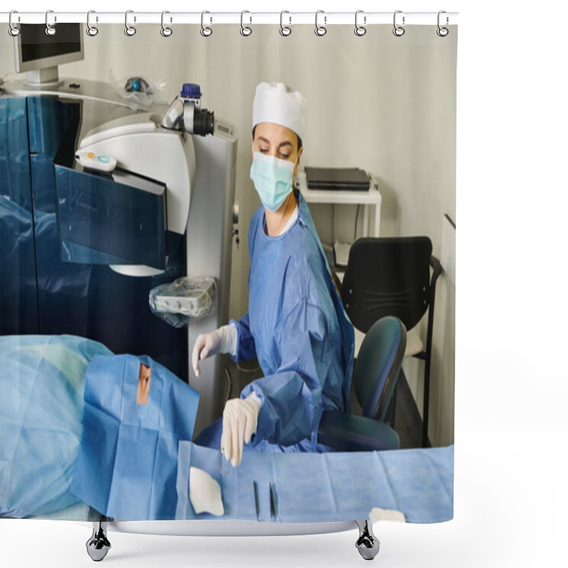 Personality  A Woman Wearing A Surgical Mask In A Hospital Room During A Medical Procedure. Shower Curtains