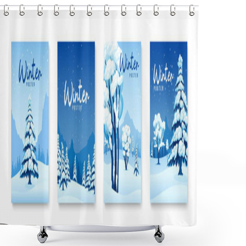 Personality  Winter Posters Blue Set With Snowdrifts And Christmas Trees Isolated Vector Illustration Shower Curtains