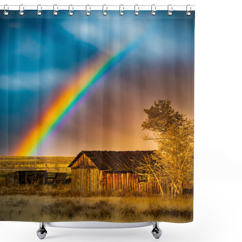 Personality  Rainbow Over The Barn Rural Landscape Shower Curtains