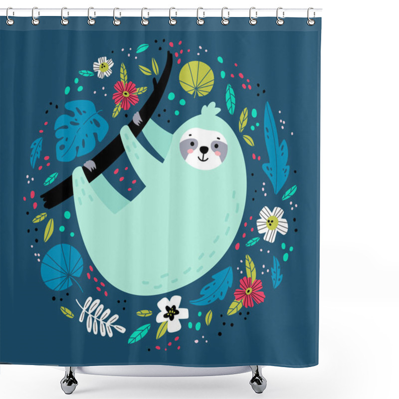 Personality  Sloth In Various Tropical Leaves And Flowers. Shower Curtains