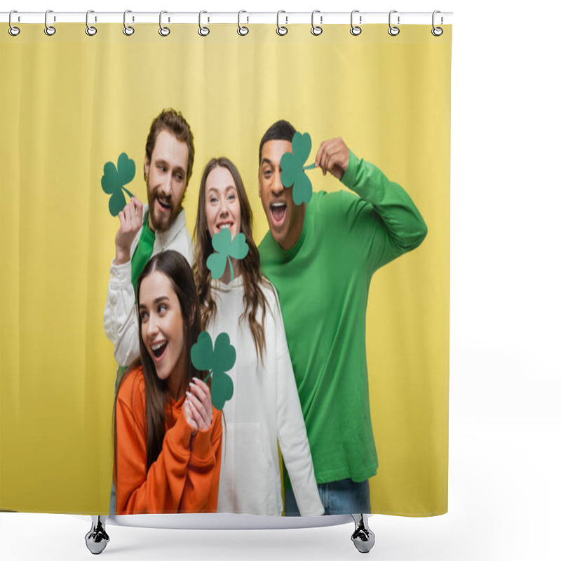 Personality  Cheerful Interracial Friends Holding Paper Clover Isolated On Yellow  Shower Curtains