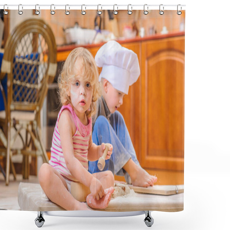 Personality  Two Siblings - Boy And Girl - In Chef's Hats Sitting On The Kitc Shower Curtains