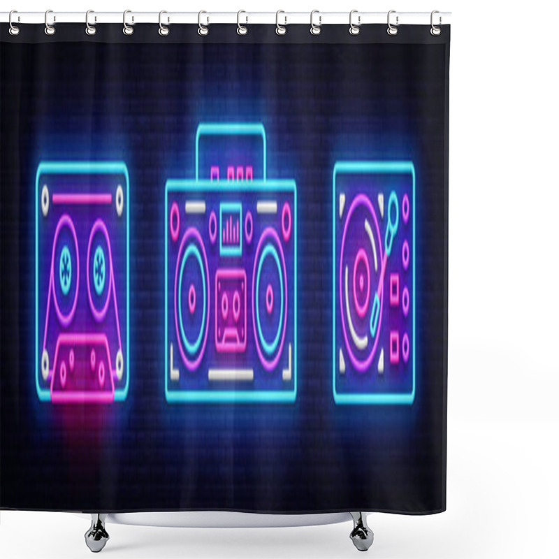 Personality  Big Collection Neon Sing. Retro Music Neon Symbols Design Elements. Back To 80-90s Light Banner, Modern Trend Design Style. Bright Signboard, Night Advertising. Vector Illustration Shower Curtains