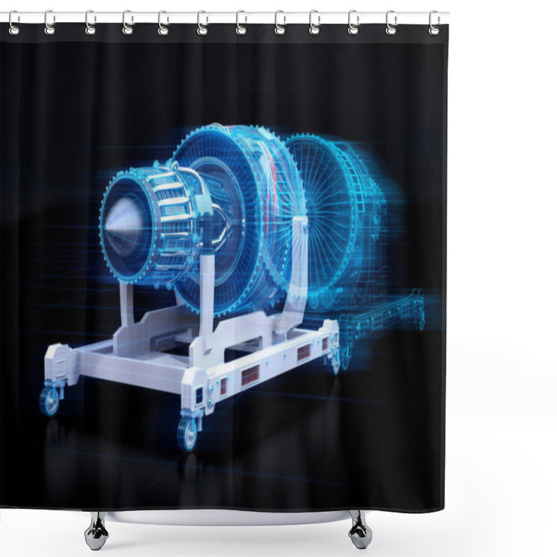 Personality  Wireframe Rendering Of Turbojet Engine And Mirrored Physical Body On Black Background. Digital Twin Concept. 3D Rendering Image. Shower Curtains