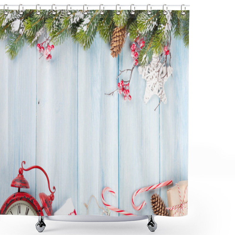 Personality  Christmas Background With Tree, Clock And Gift Shower Curtains