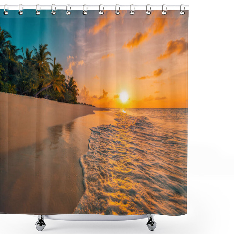 Personality  Beautiful Panoramic Sunset Tropical Paradise Beach. Tranquil Summer Vacation Or Holiday Landscape. Tropical Sunset Beach Seaside Palm Calm Sea Panorama Exotic Nature View Inspirational Seascape Scenic Shower Curtains