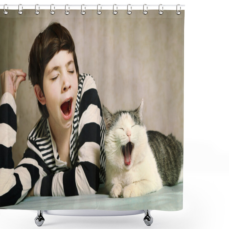 Personality   Boy In Striped Blouse And Siberian Cat Shower Curtains