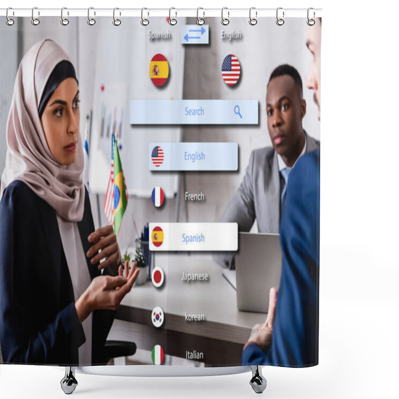 Personality  Arabian Businesswoman Talking To Interpreter Near African American Business Partner, Translation App Interface Illustration Shower Curtains