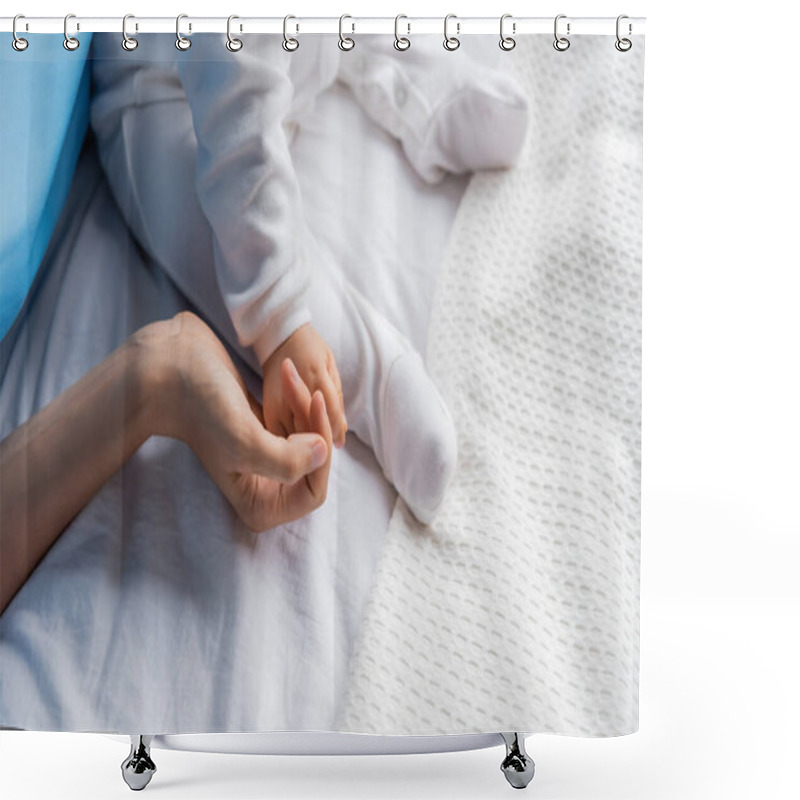 Personality  Top View Of Cropped Woman Holding Hand Of Little Girl In Romper Sitting On Hospital Bed Shower Curtains