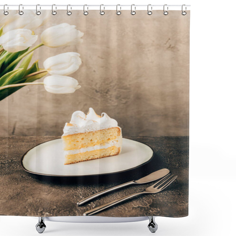 Personality  Close-up View Of Delicious Piece Of Cake With Whipped Cream And Beautiful White Tulips Shower Curtains