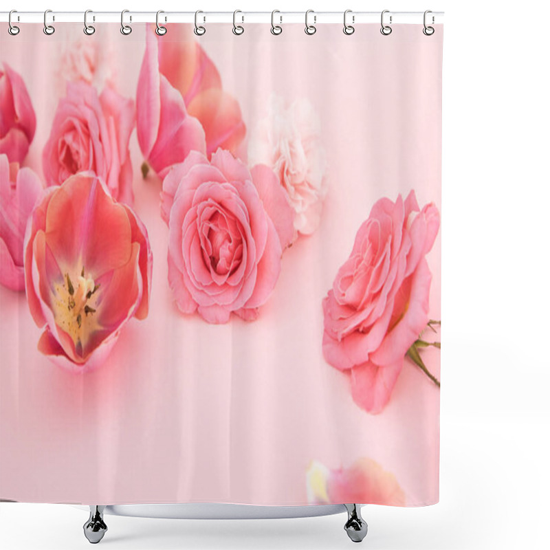 Personality  Blooming Spring Flowers On Pink Background Shower Curtains