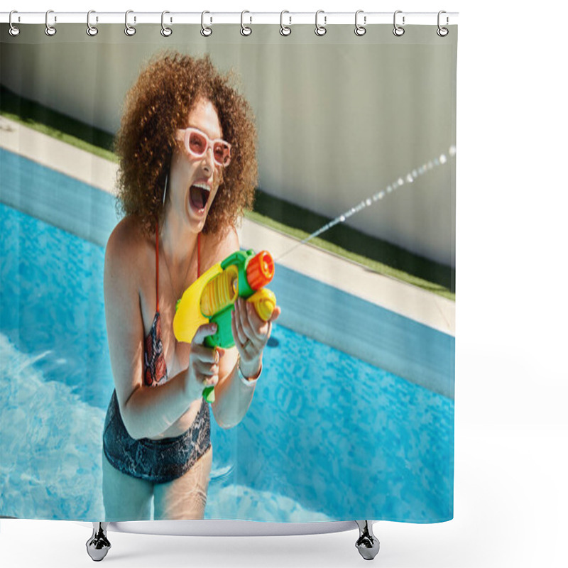 Personality  A Woman With Curly Hair In A Bikini Smiles And Shoots A Water Gun At The Pool On A Sunny Summer Day. Shower Curtains