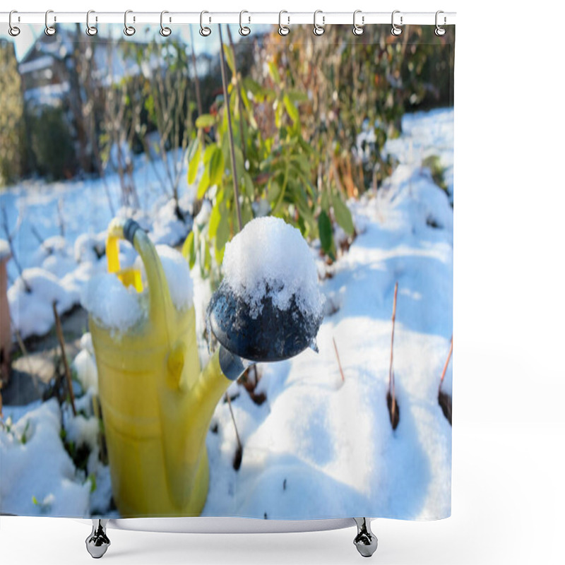 Personality  A Yellow Watering Can Stands In The Snow-covered Garden In Winter Shower Curtains