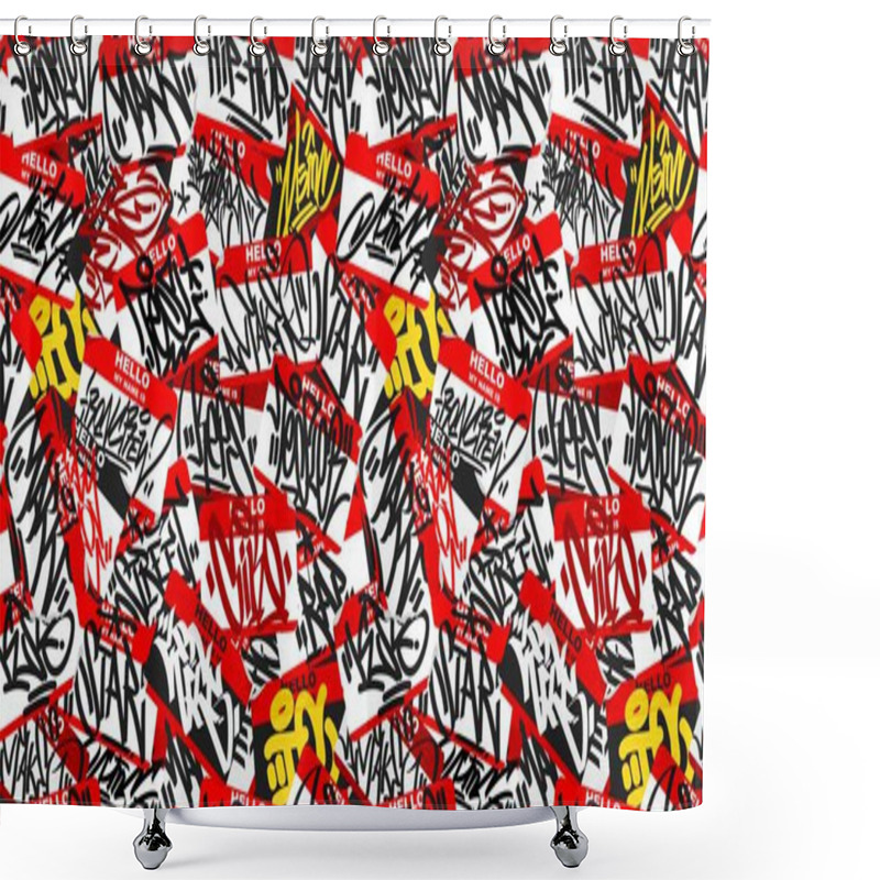 Personality  Abstract Seamless Urban Graffiti Style Sticker Bombing Hello My Name Is With Some Street Art Lettering Vector Illustration Art Shower Curtains