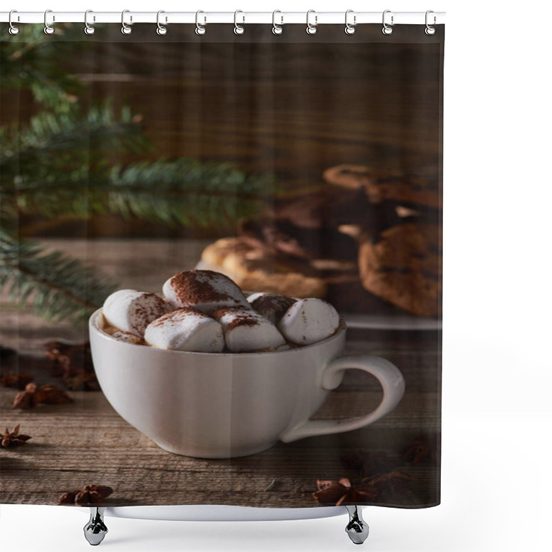 Personality  Selective Focus Of Christmas Cacao With Marshmallow On Wooden Table Shower Curtains