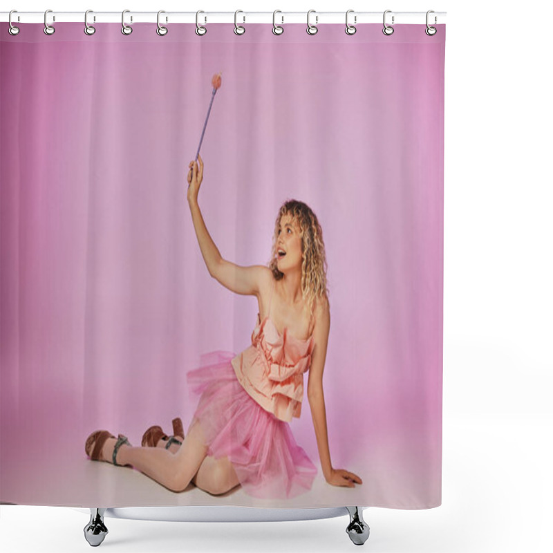 Personality  Cheerful Blonde With Curly Hair Posing On Pink Backdrop In Tooth Fairy Costume With Magic Wand Shower Curtains