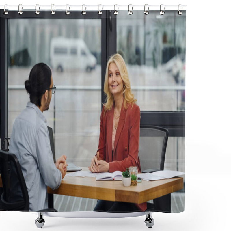 Personality  Job Seeker Interviewing At A Modern Office Desk By Woman. Shower Curtains