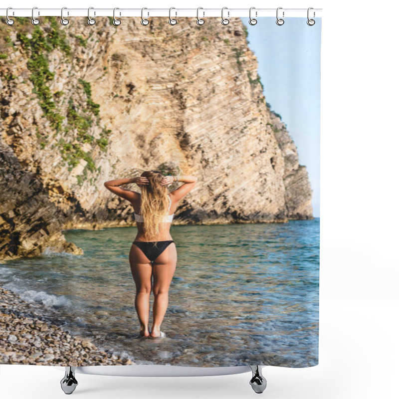 Personality  Back View Of Woman In Bikini Standing On Beach Of Adriatic Sea In Budva, Montenegro Shower Curtains