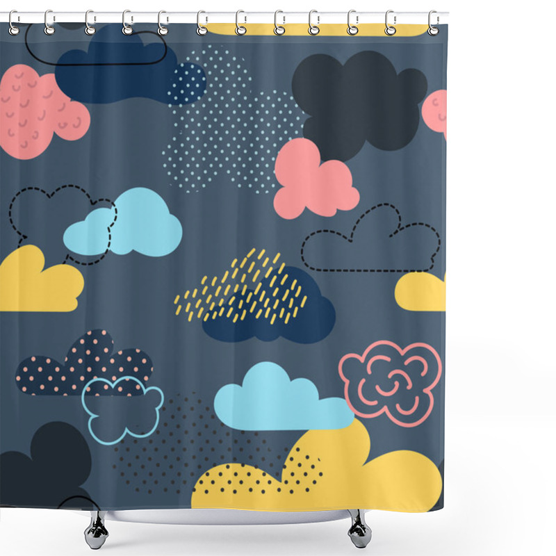 Personality  Seamless Pattern With Bright Cartoon Clouds. It Is Executed By Means Of Graphic Receptions: Various Textures, Spots, Strips, Contours. Great For Prints, Textiles, Covers, Gift Wrappers, Backdrops Shower Curtains