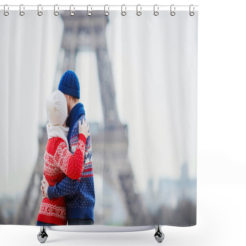 Personality  Happy Couple Near The Eiffel Tower On A Winter Day. Trip To Paris During Season Holidays Shower Curtains