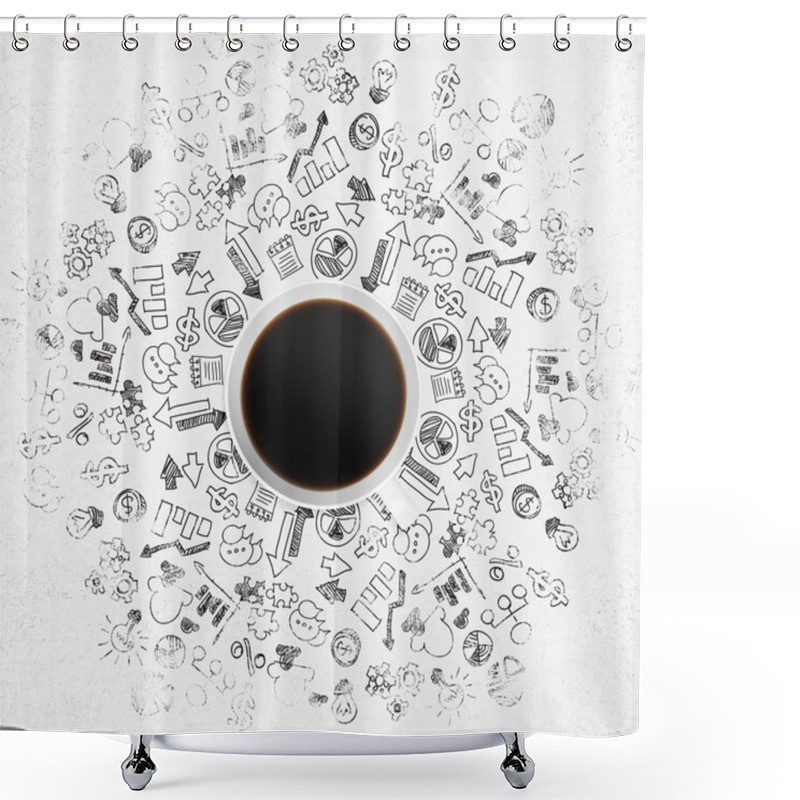 Personality  Top View Of A Coffee Cup And A Lot Of Business Icons And Charts On The White Surface. Shower Curtains