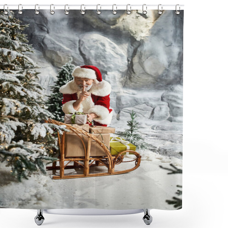 Personality  Santa Claus Quietly Organizes Wrapped Presents While Surrounded By A Magical Winter Landscape. Shower Curtains