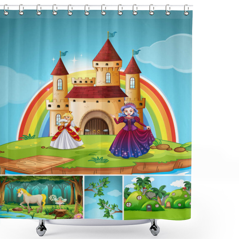 Personality  Four Different Scene Of Fantasy World With Fantasy Places And Fantasy Characters Illustration Shower Curtains